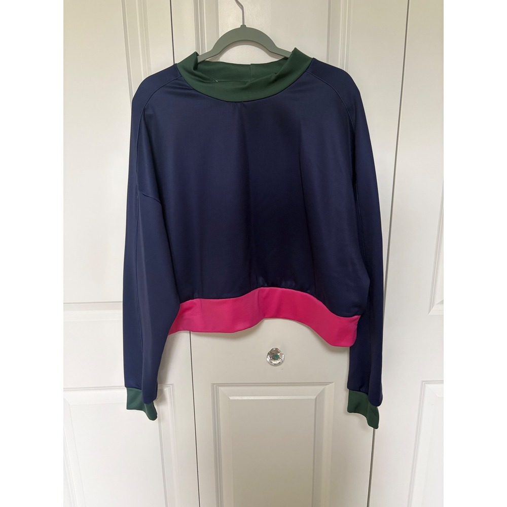 Smith & Quinn Navy Pink Green Colorblock Cropped Mock Neck Sweatshirt XL